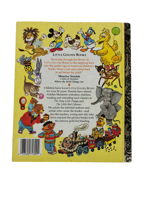 Back cover of a Little Golden Book with colorful illustrations of various characters on a yellow background.
