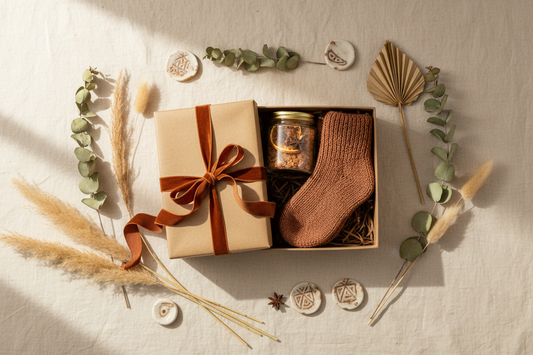 Editorial flat lay of artisan gift set with bath salt jar, cozy socks, dried botanicals and kraft paper wrapping on cream linen