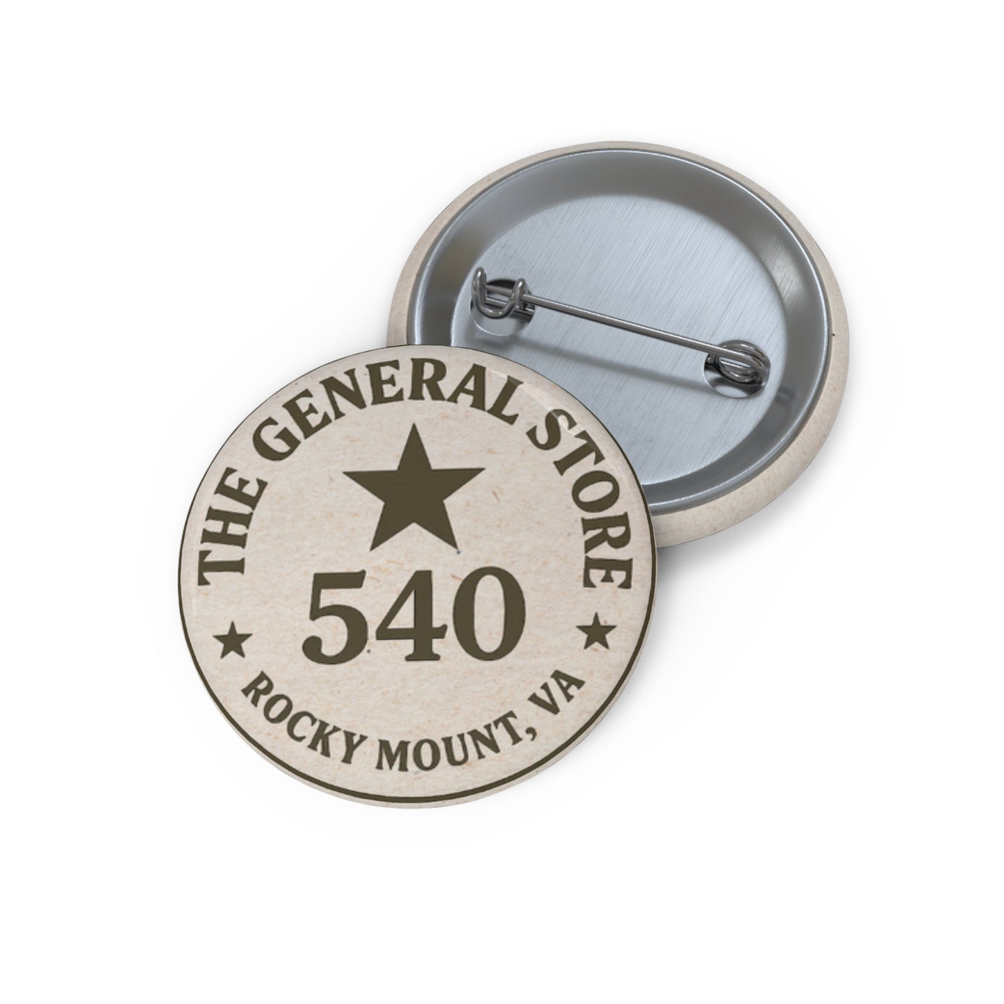 Custom Round Pin Button — "The General Store 540, Rocky Mount, VA" Vintage Badge