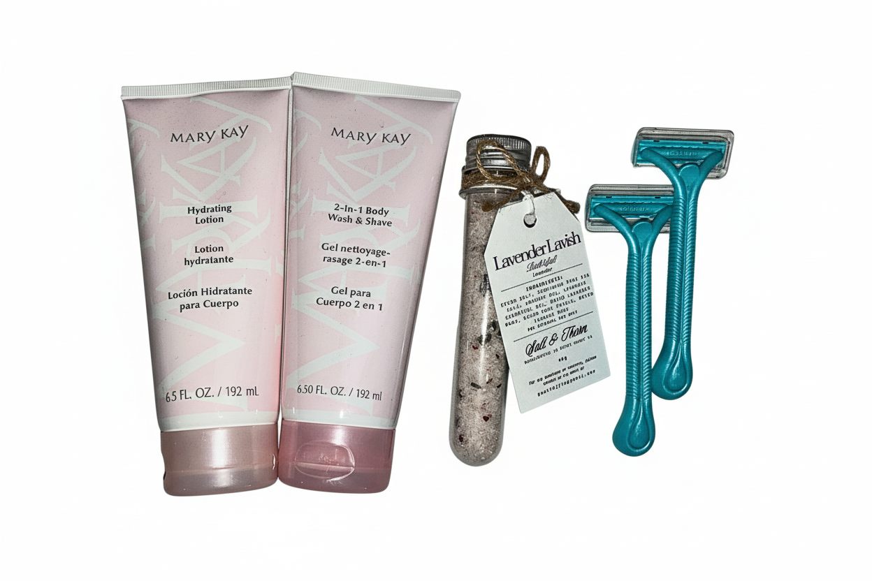 Two Mary Kay lotion bottles, a lavender body wash bottle, and two razors on a white background.
