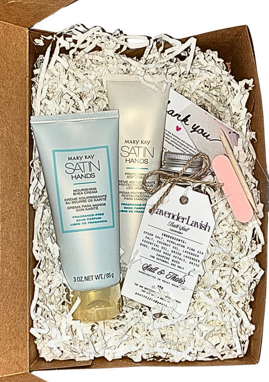 Mary Kay Satin Hands product set with a keychain and card in a box