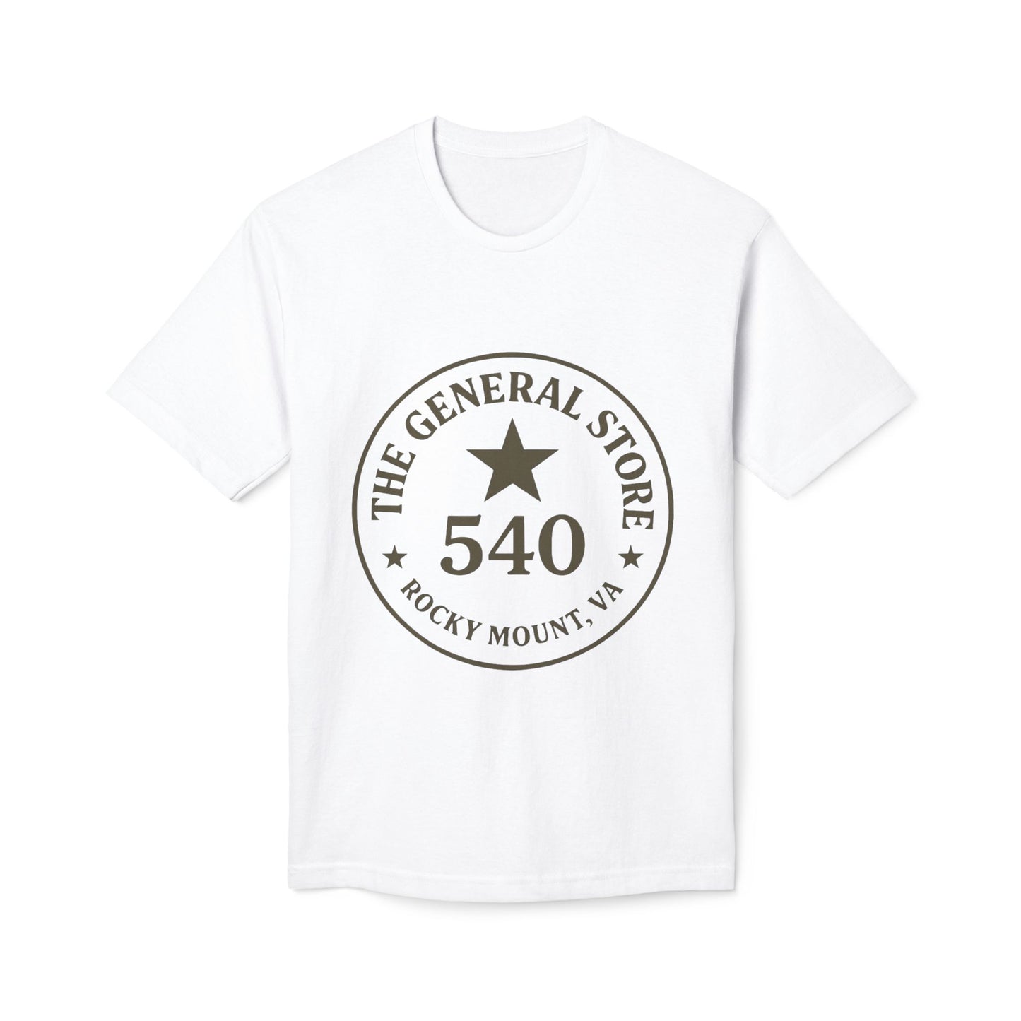 White t-shirt with 'The General Store 540 Rocky Mount, VA' logo on a white background