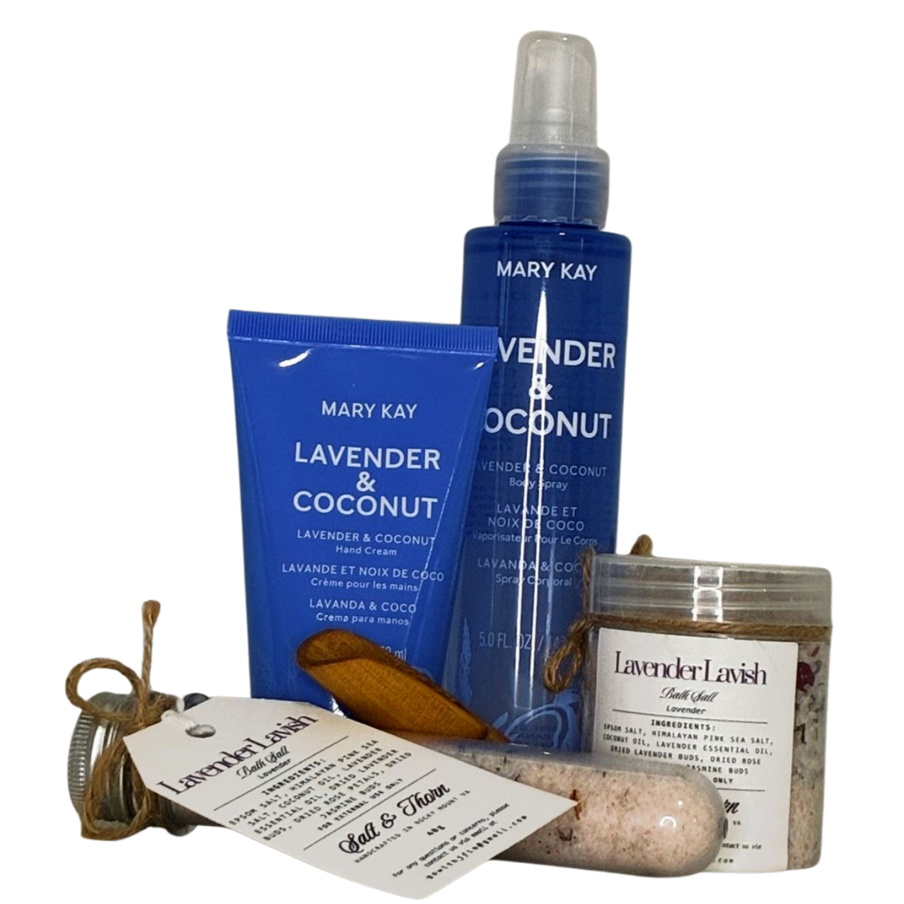 Mary Kay Lavender & Coconut products including a bottle, pouch, and soap on a white background