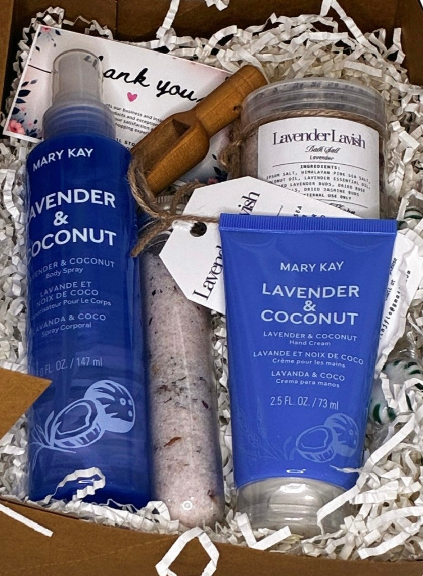 Mary Kay Lavender & Coconut product set in a box with a 'thank you' card.