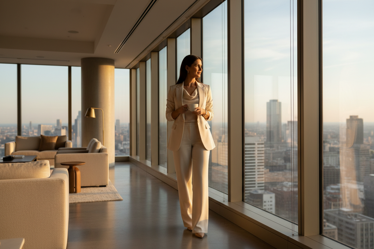 Confident woman entrepreneur at a window representing the Full Scale Build premium consulting package