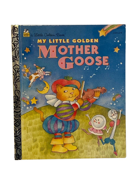 Vintage 'My Little Golden Mother Goose' book cover with colorful illustrations on a blue background