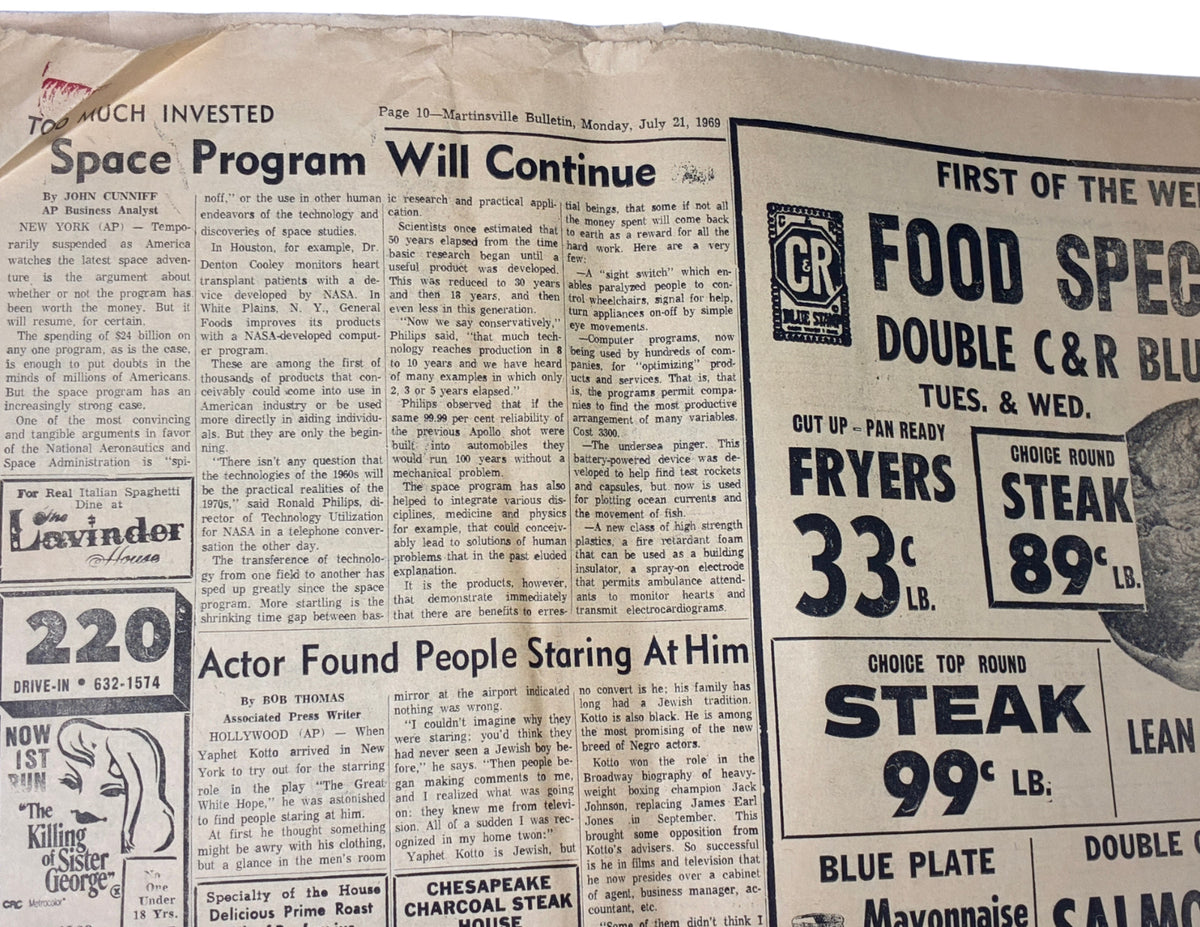 1969 Apollo 11 Newspaper • Astronauts Leave Moon • Martinsville Bulletin • VTG
