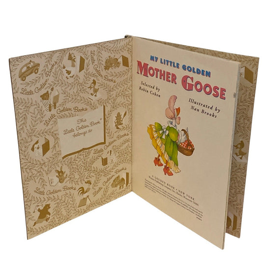 Open book titled 'My Little Golden Mother Goose' with decorative cover