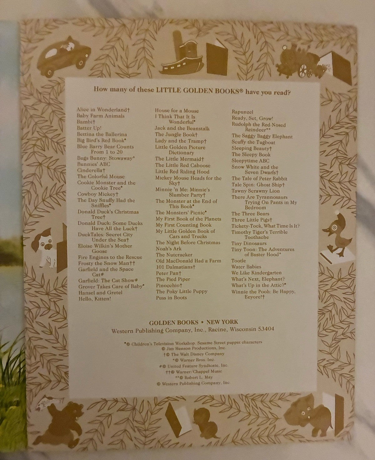 Back cover of a Little Golden Book with a list of books and decorative elements.