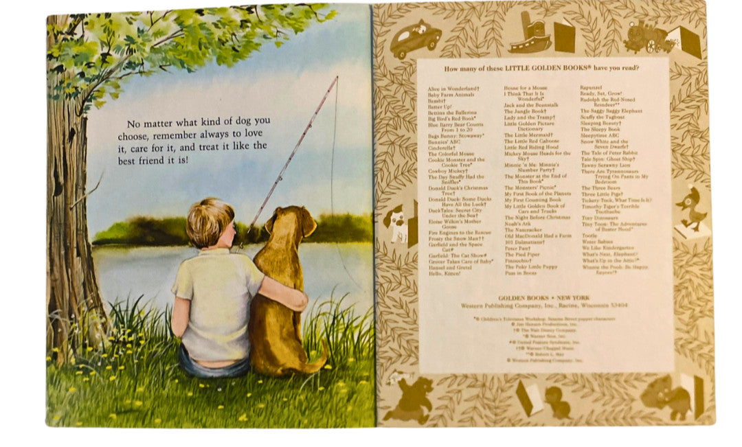 Book open to a page with a boy and dog fishing illustration and text on the right.