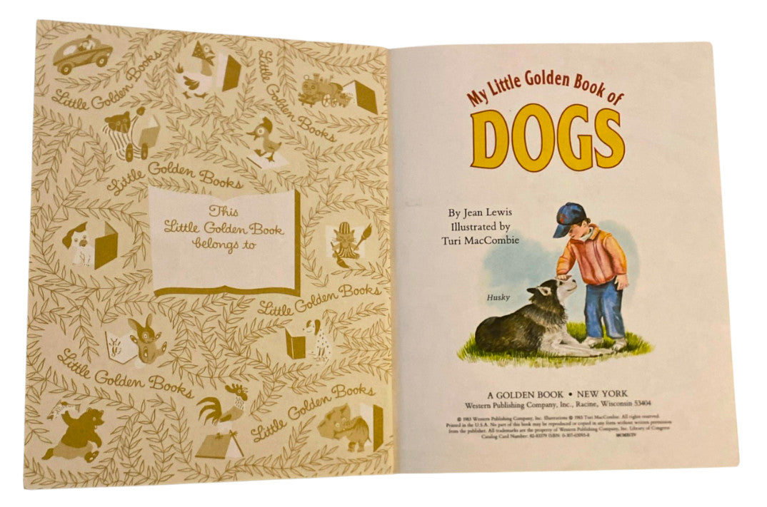 Open book titled 'My Little Golden Book of Dogs' with illustrations on a white background