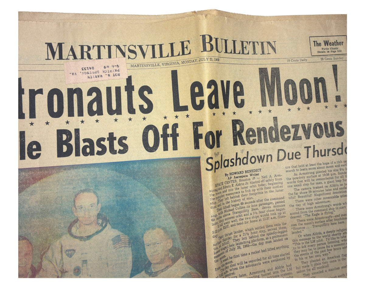 1969 Apollo 11 Newspaper • Astronauts Leave Moon • Martinsville Bulletin • VTG