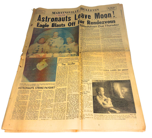 1969 Apollo 11 Newspaper • Astronauts Leave Moon • Martinsville Bulletin • VTG