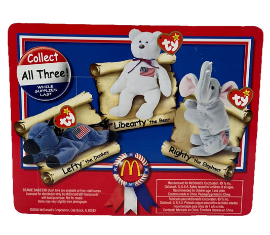Three plush toys labeled 'Liberty', 'Lefty', and 'Righty' on a McDonald's branded display card.