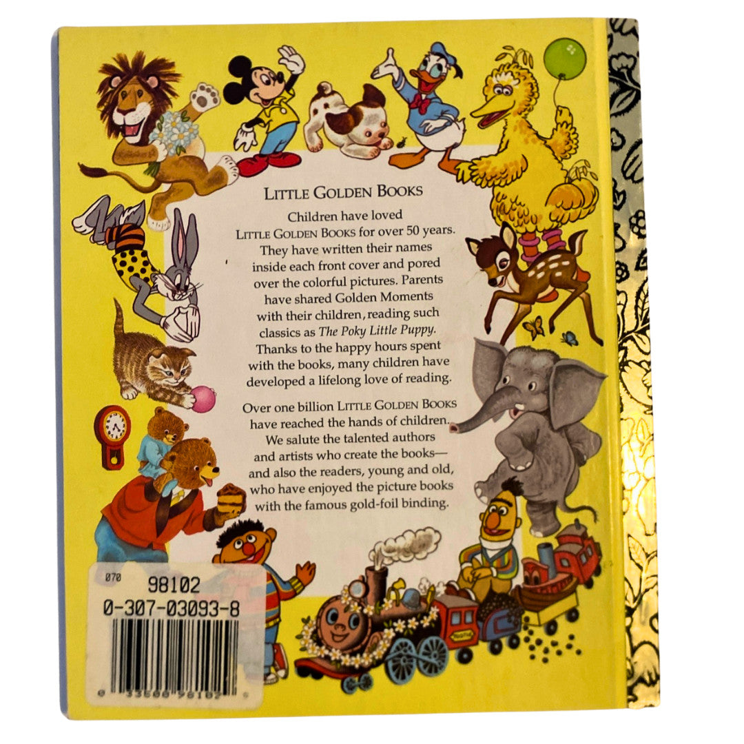 Back cover of a Little Golden Book with colorful illustrations of various characters on a yellow background.